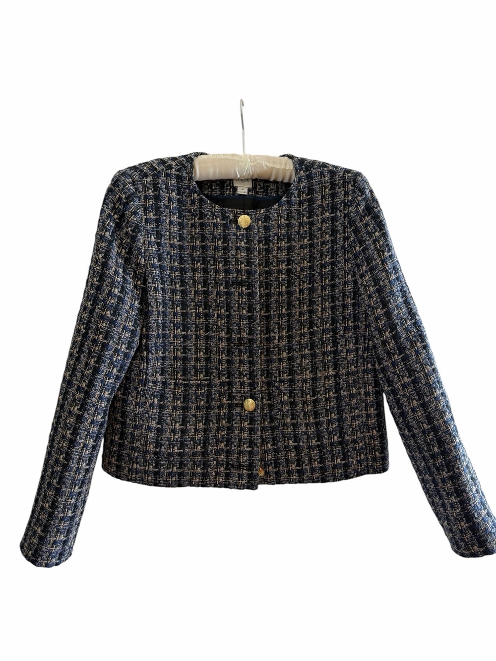 J. Crew Factory Navy Tweed Cropped Boxy Jacket with Gold Buttons